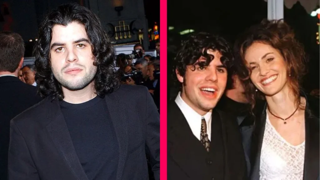 A young man with long dark hair in a black suit at a formal event, alongside another photo of him smiling with a woman at a red carpet gathering.