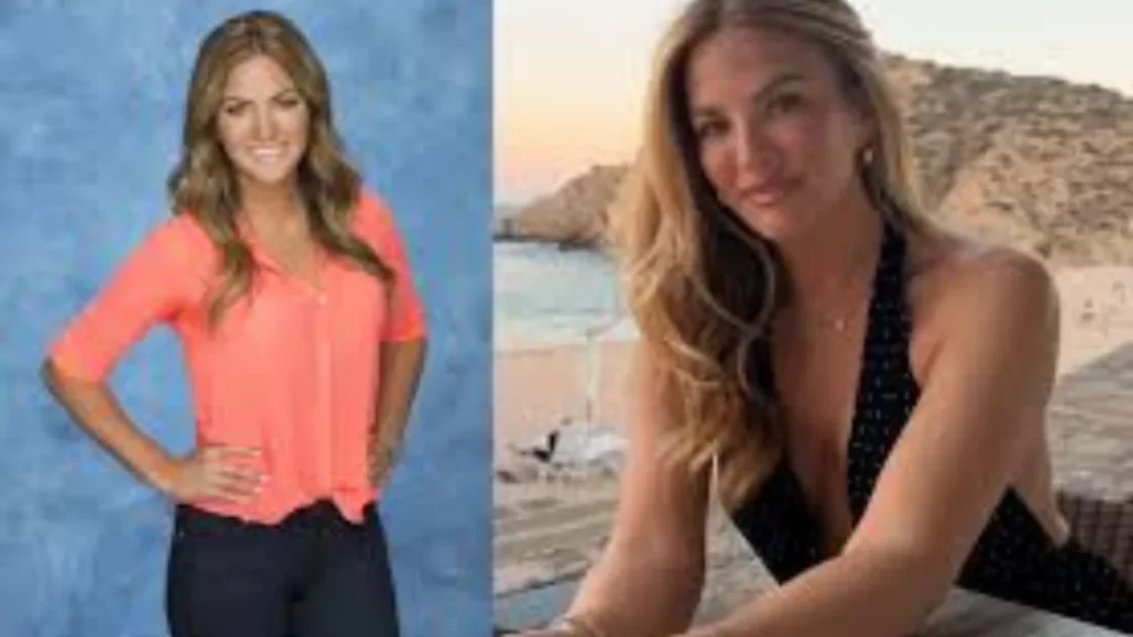 Two side-by-side photos of a woman, one a studio portrait and one an outdoor coastal shot at sunset.