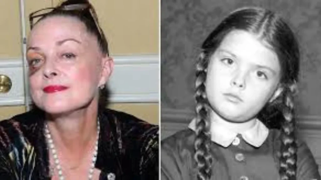 Side-by-side of an older woman with red lipstick and pearl necklace, next to a black-and-white photo of a young girl with braided pigtails.