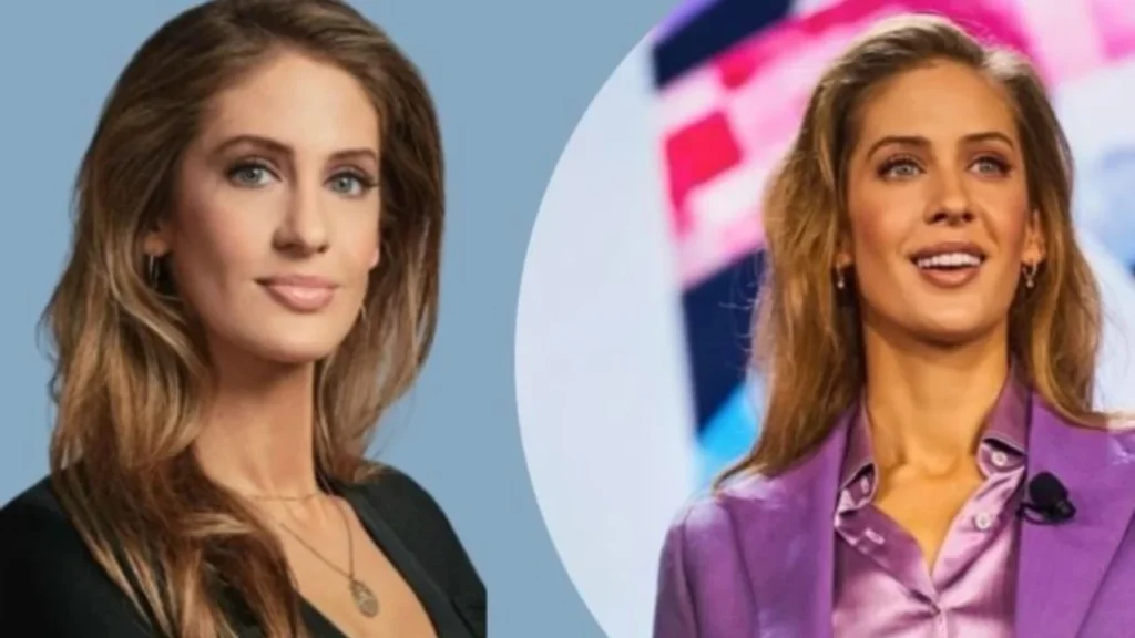 Side-by-side of two photos of the same brunette woman — one a professional headshot in a black top, the other on a colorful stage in a purple blazer.