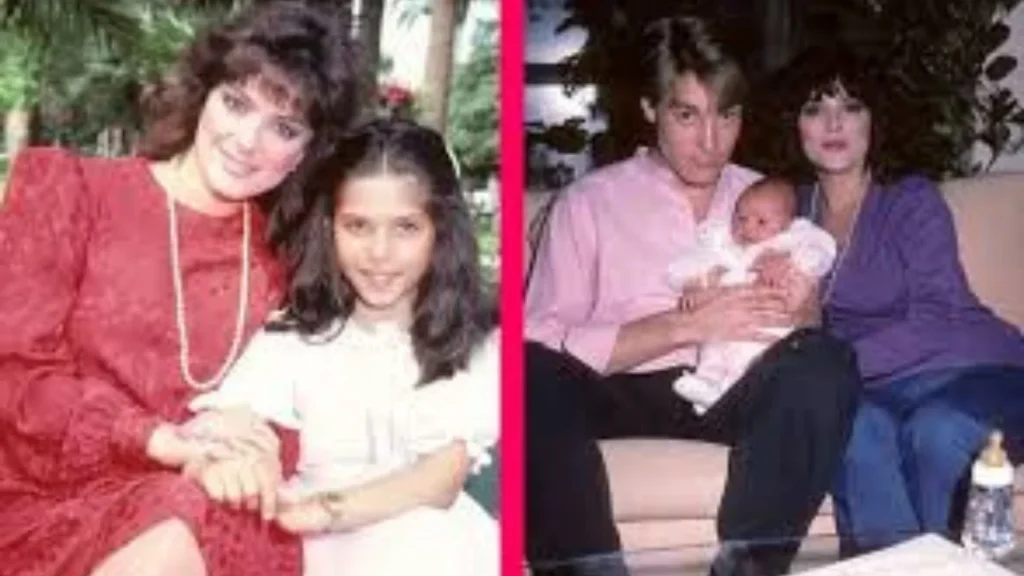 Two vintage photos side by side — one of a dark-haired woman in red hugging a young girl, and one of a man and dark-haired woman holding a newborn baby.