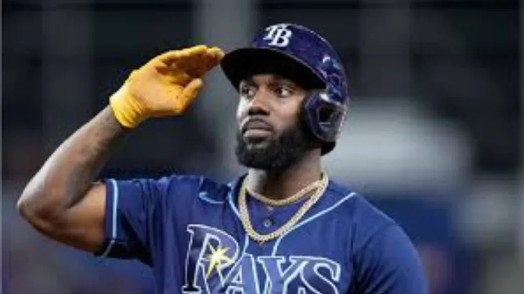 Randy Arozarena posing during a Major League Baseball event in his team uniform