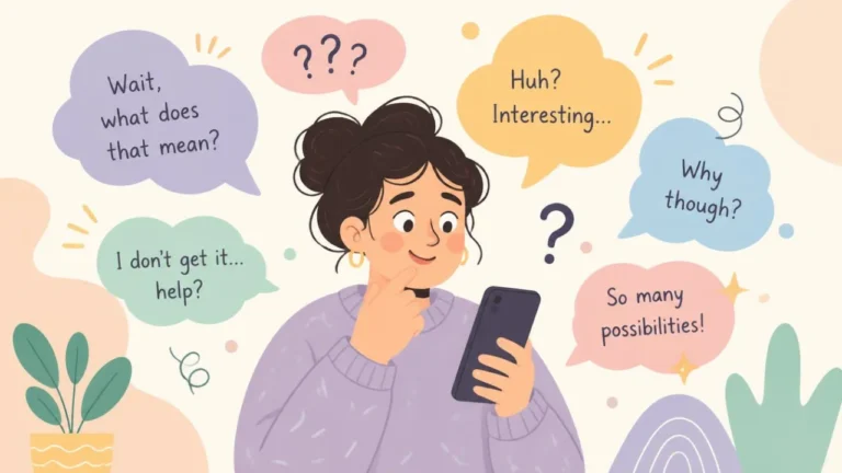 Confused woman looking at her phone surrounded by question speech bubbles, representing the search for STSU meaning in text
