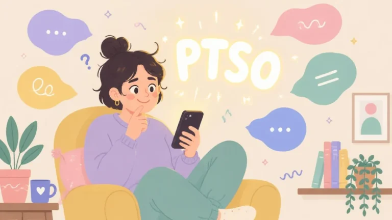 Woman sitting on a couch looking at her phone with a thoughtful expression, surrounded by colorful speech bubbles and the glowing text PTSO