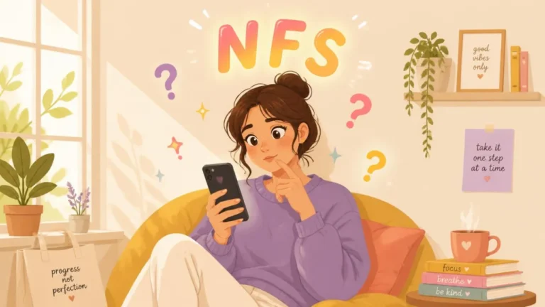 Woman sitting on a couch looking at her phone with a confused expression, glowing NFS text and question marks floating above her, representing the search for NFS meaning in text