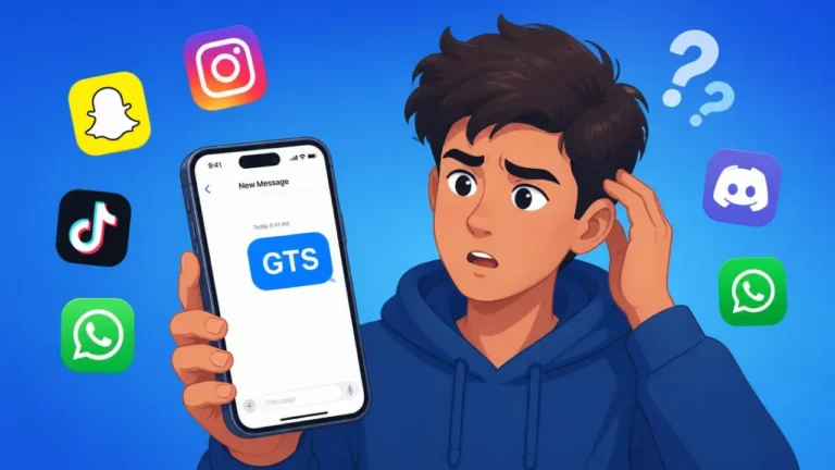 A modern smartphone showing a text message with "GTS" on screen, confused person looking at the phone, floating icons of Snapchat, Instagram, TikTok, WhatsApp, Discord, clean blue gradient background, modern flat illustration.