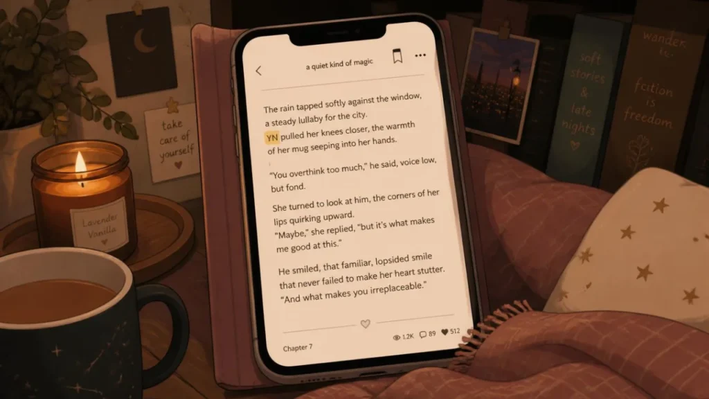 Fanfiction story on a phone screen showing 'YN' highlighted as a Your Name placeholder for the reader