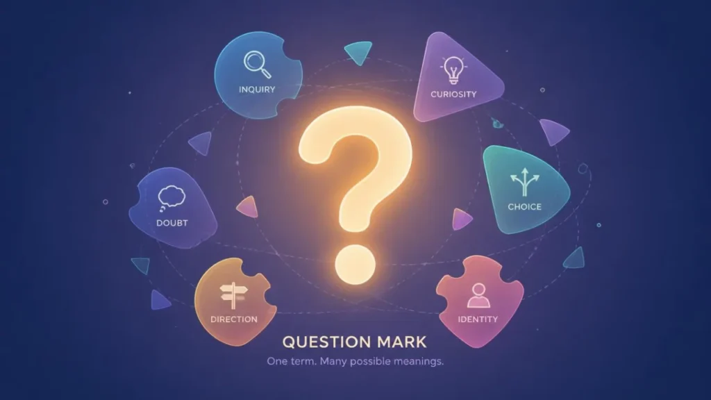 Glowing question mark surrounded by icons representing inquiry, curiosity, choice, doubt, direction, and identity, symbolizing multiple meanings of STSU