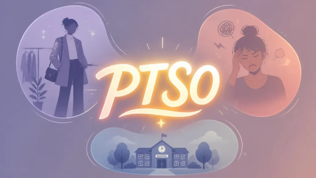 Stylized PTSO text with a fashionable outfit silhouette, a stressed woman, and a school building, representing the three different meanings of PTSO