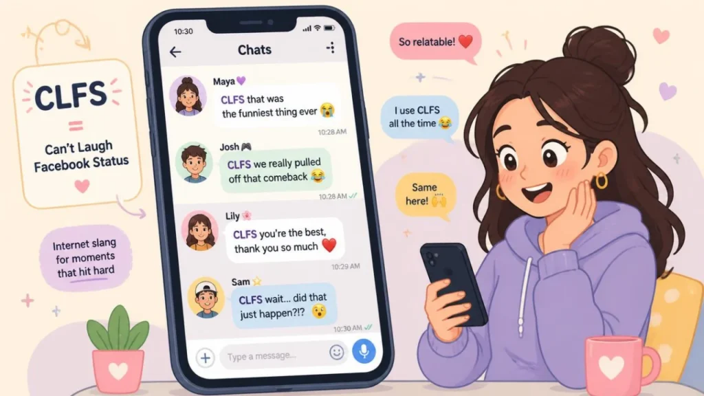 Cartoon comparison of CLFS with similar internet slang terms including OMG, SMH, LOL, and BFFR.