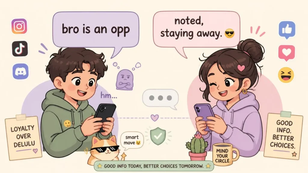 Illustration showing how OPP is used in everyday conversations, text messages, and social media.