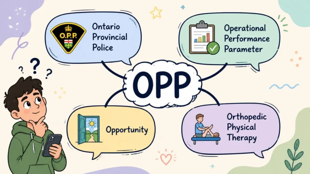 Cartoon infographic showing the technical and professional meanings of OPP outside of internet slang.