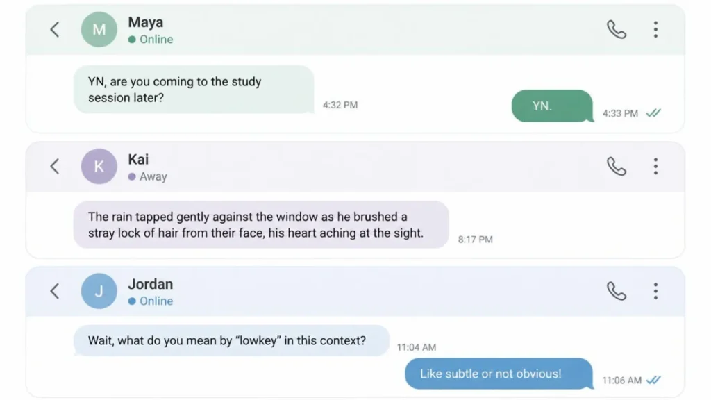Three chat conversation examples showing different meanings of YN, including yes or no, a fanfiction style message, and someone asking for clarification