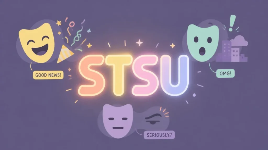 Stylized STSU text with theater masks showing good news, shock, and sarcasm, representing the different emotional meanings of STSU in texting