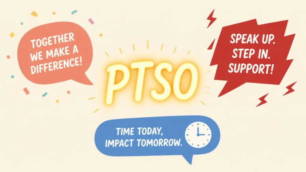 Glowing PTSO text surrounded by speech bubbles reading 'together we make a difference', 'speak up, step in, support', and 'time today, impact tomorrow', representing the Parent Teacher Student Organization meaning