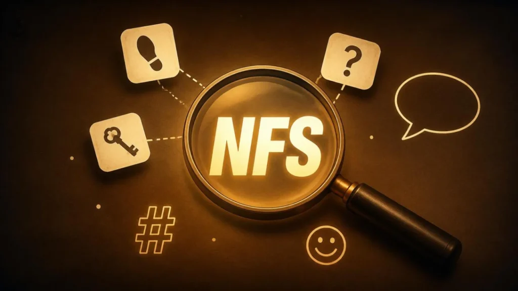 Magnifying glass zooming in on the glowing text NFS, surrounded by clue icons like a footprint, question mark, key, hashtag, and smiley face, representing how to figure out which meaning of NFS someone means