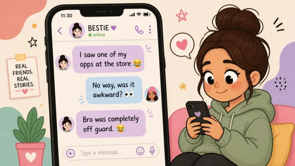 Cartoon illustration showing a mock text conversation using OPP in a real-life sentence.