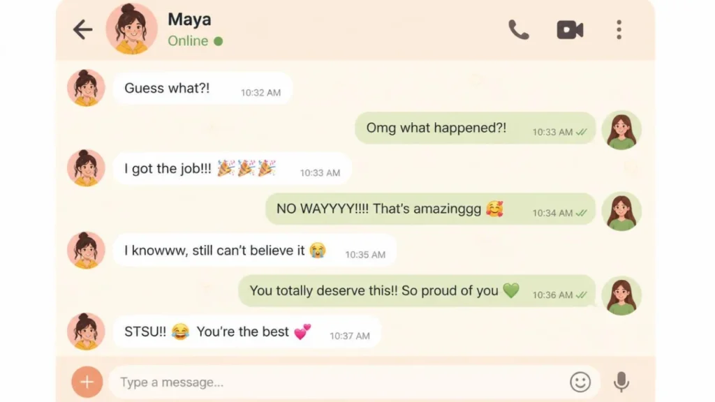 Text conversation example showing STSU used to react excitedly to a friend's good news about getting a job