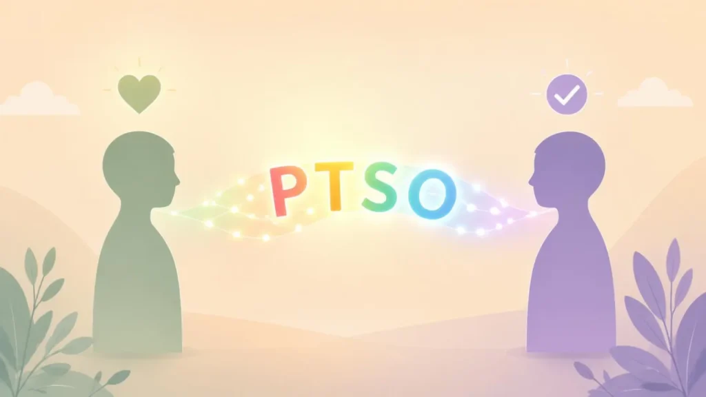 Two silhouette figures facing each other with glowing rainbow colored PTSO text and a heart and checkmark icon between them, symbolizing communication and response