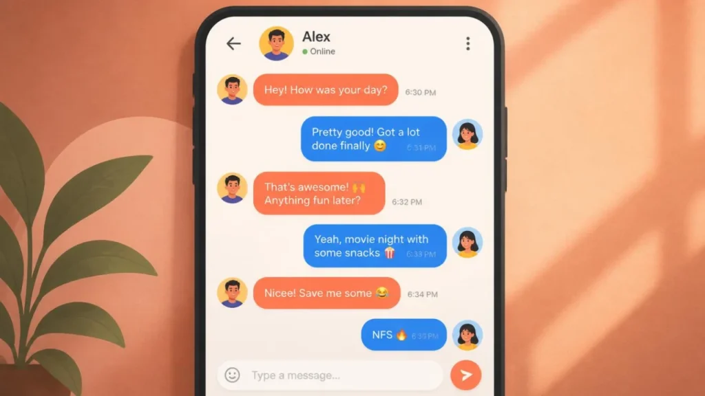 Text message conversation between two friends ending with a reply saying NFS and a fire emoji, showing how NFS is used in everyday texting