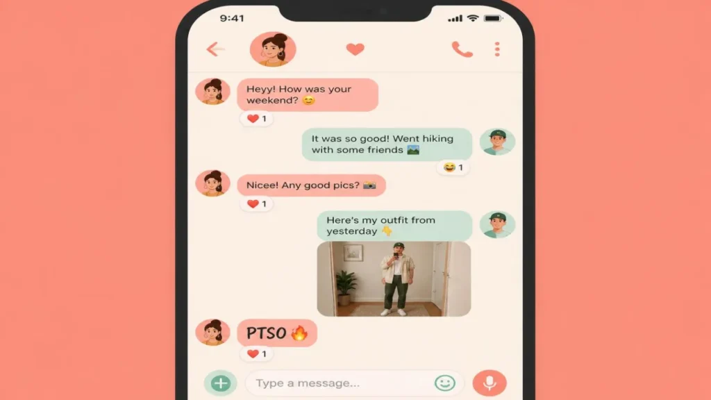 Text message conversation on a phone showing a friend complimenting an outfit photo with the reply PTSO and a fire emoji