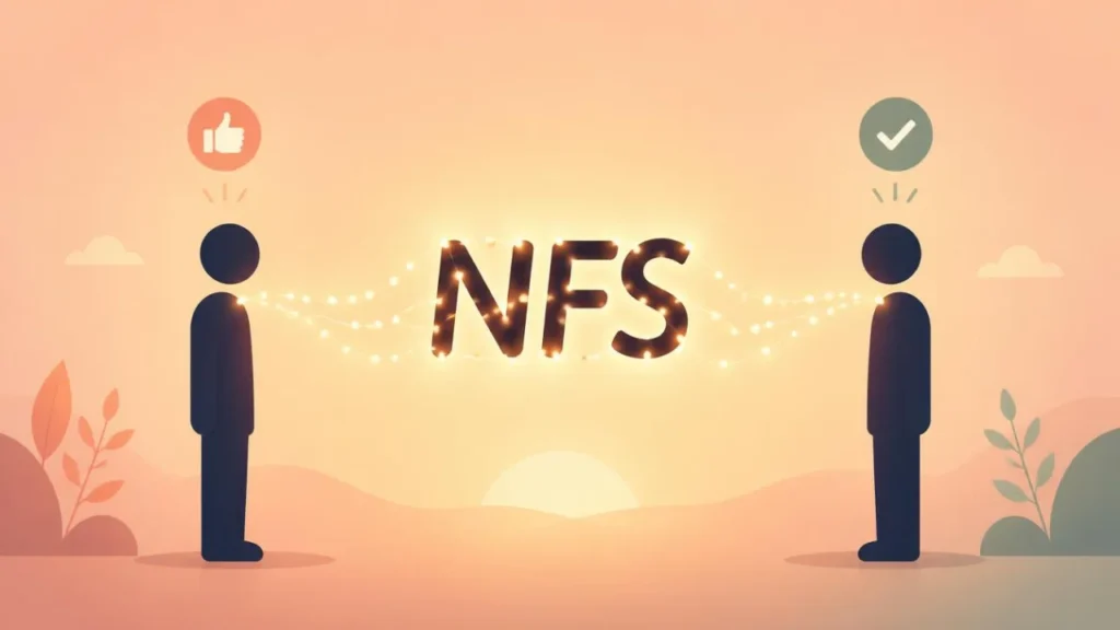 Two silhouette figures facing each other with the glowing text NFS connecting them, along with a thumbs up and checkmark icon, symbolizing how to respond when someone texts NFS